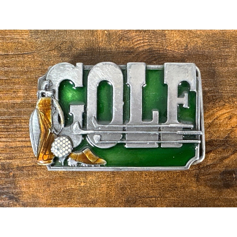 Vintage 1985 Siskiyou Buckle Co Golf Pewter Belt Buckle Green Enamel Made in USA